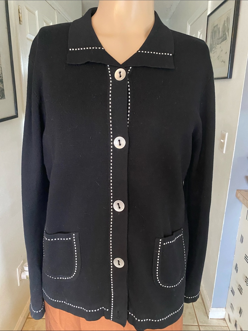 Austin Reed Black Cardigan Sweater with White Contrast Stitching